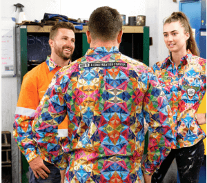 Three workers in funky workwear