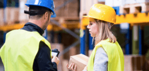 Two workers with hard hats